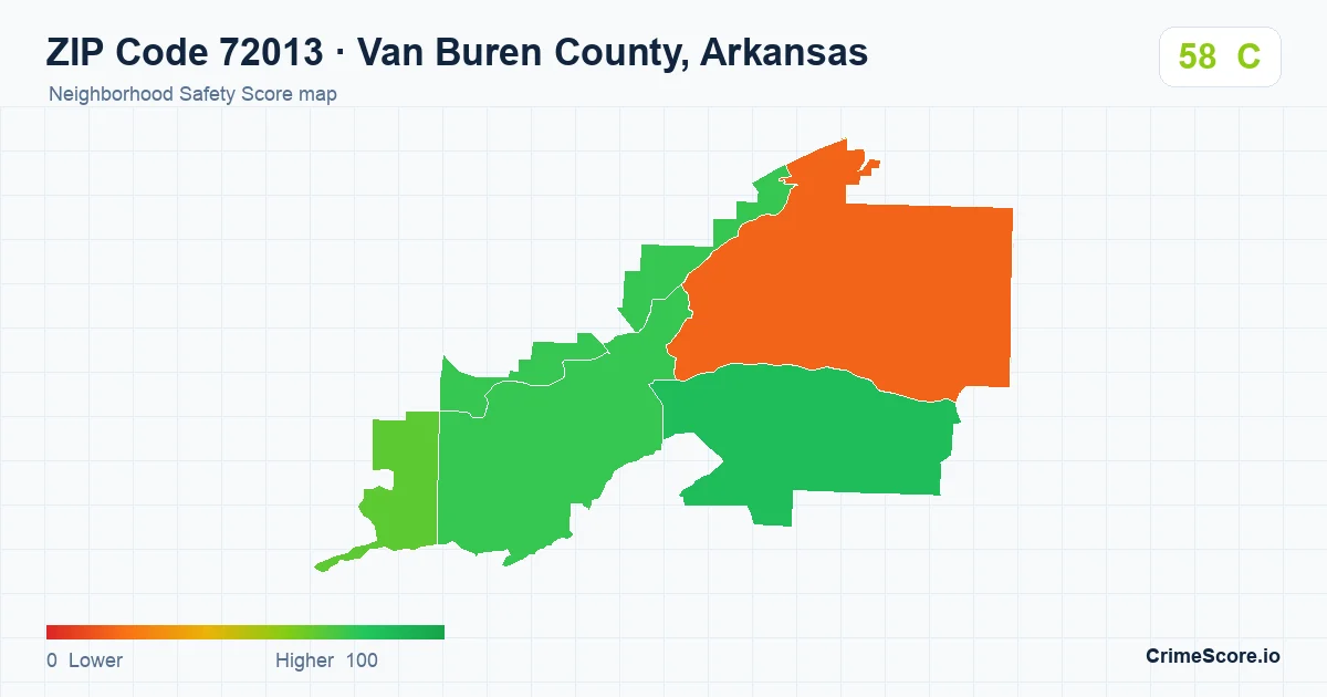 ZIP Code 72013 in Van Buren County, Arkansas neighborhood Safety Score map