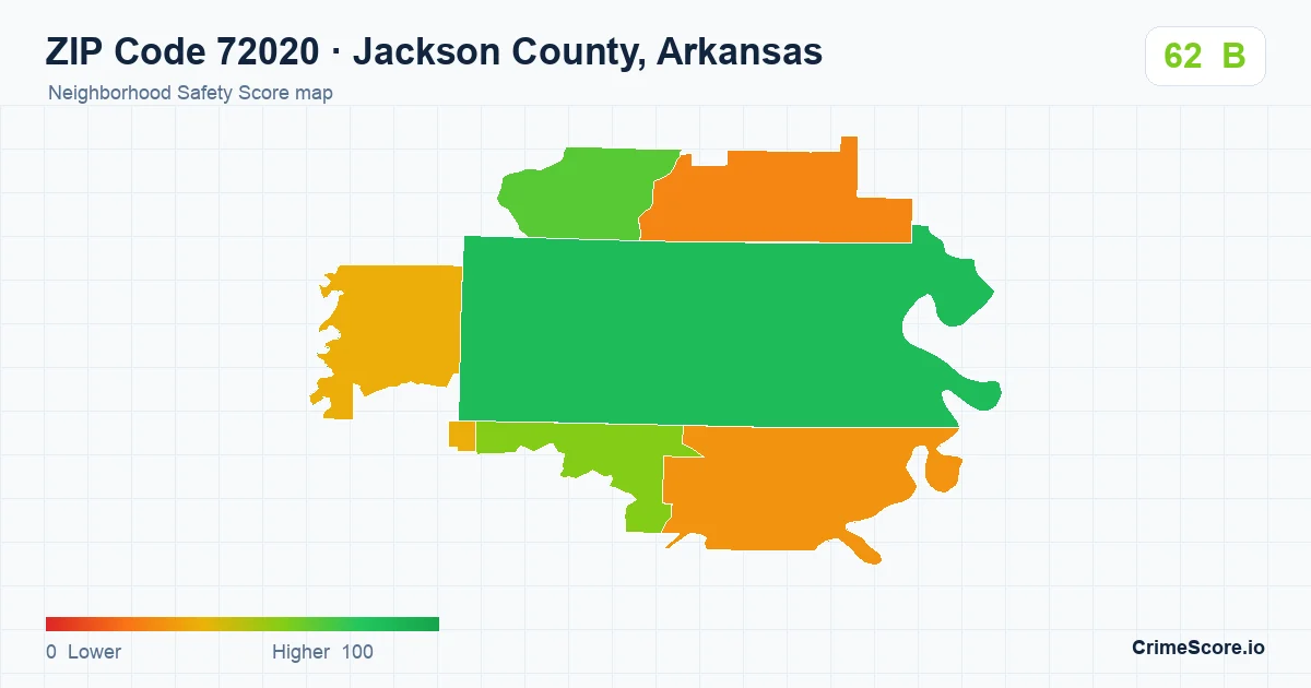 ZIP Code 72020 in Jackson County, Arkansas neighborhood Safety Score map