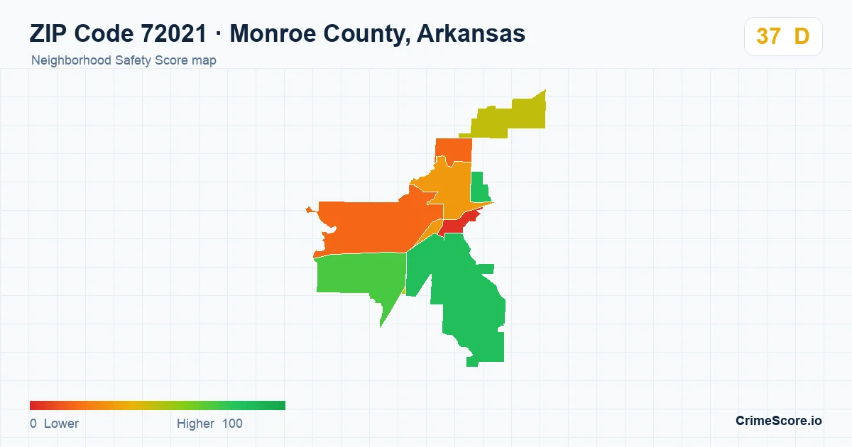 ZIP Code 72021 in Monroe County, Arkansas neighborhood Safety Score map