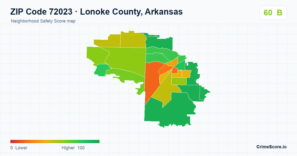 ZIP Code 72023 in Lonoke County, Arkansas neighborhood Safety Score map