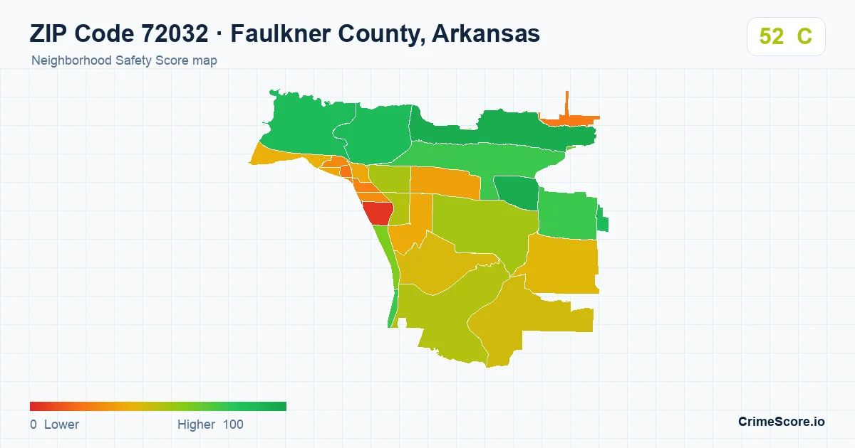 ZIP Code 72032 in Faulkner County, Arkansas neighborhood Safety Score map