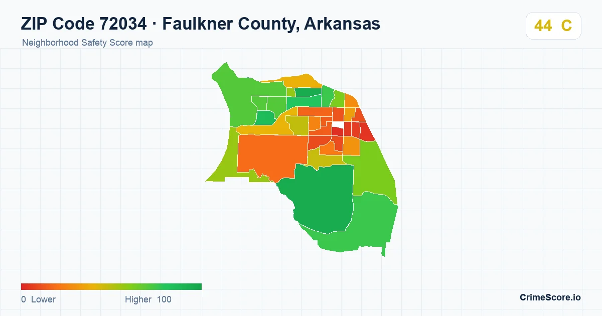 ZIP Code 72034 in Faulkner County, Arkansas neighborhood Safety Score map