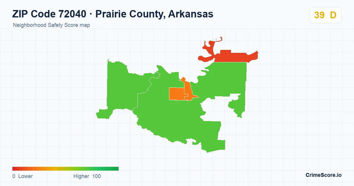 ZIP Code 72040 in Prairie County, Arkansas neighborhood Safety Score map
