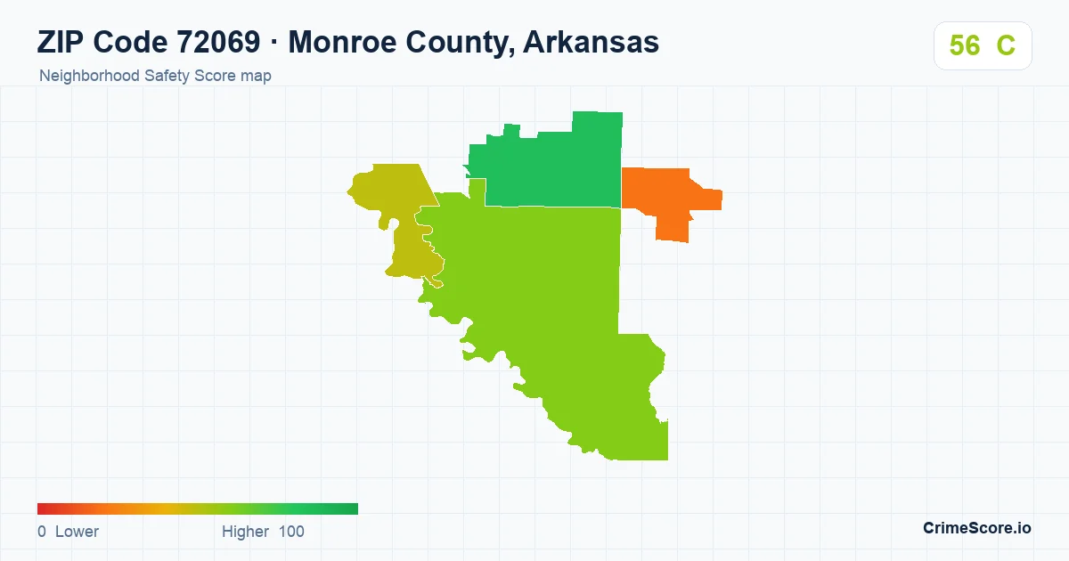 ZIP Code 72069 in Monroe County, Arkansas neighborhood Safety Score map