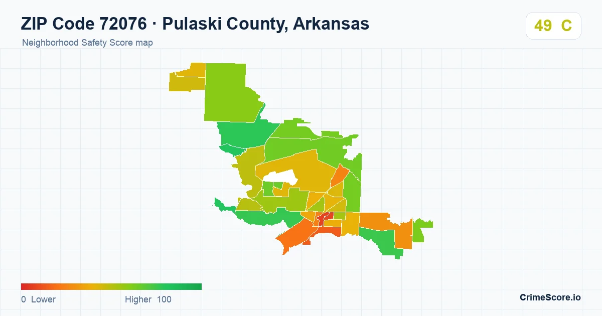 ZIP Code 72076 in Pulaski County, Arkansas neighborhood Safety Score map