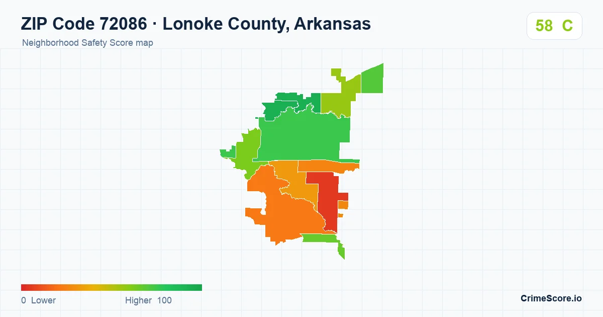 ZIP Code 72086 in Lonoke County, Arkansas neighborhood Safety Score map