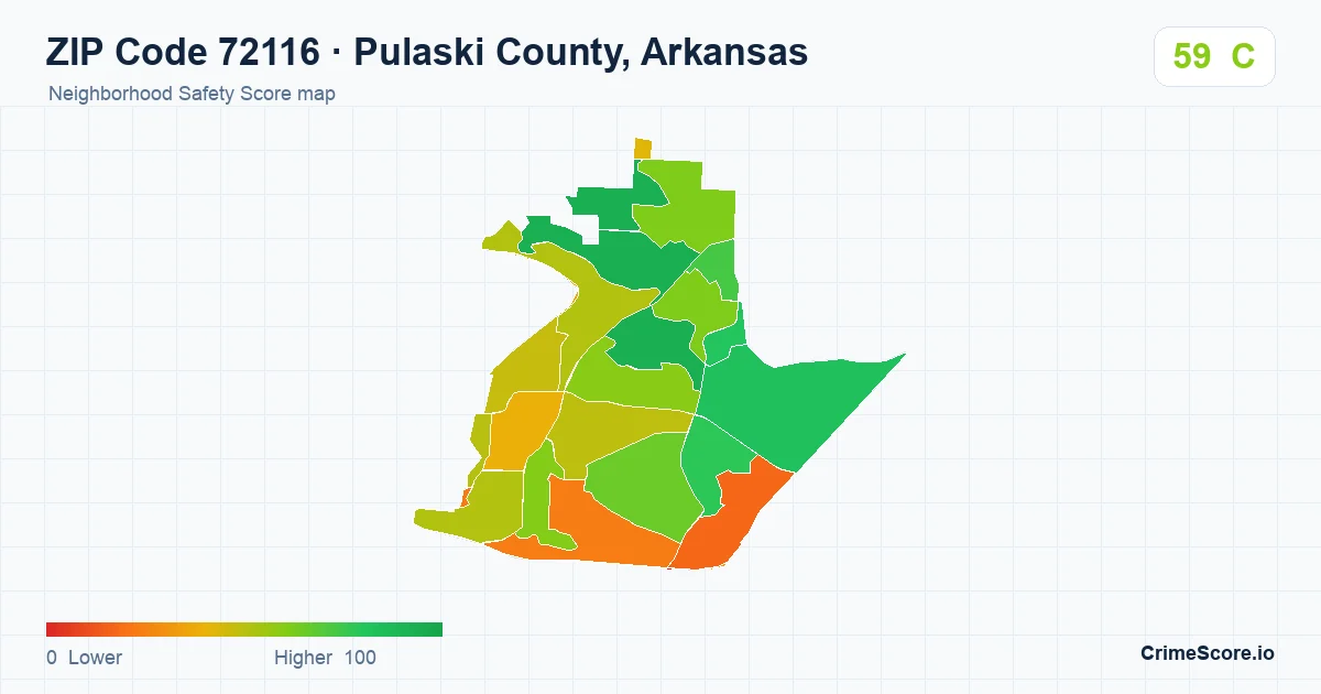 ZIP Code 72116 in Pulaski County, Arkansas neighborhood Safety Score map