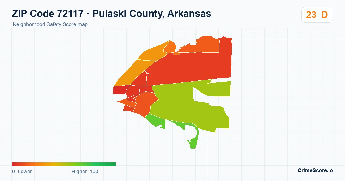 ZIP Code 72117 in Pulaski County, Arkansas neighborhood Safety Score map