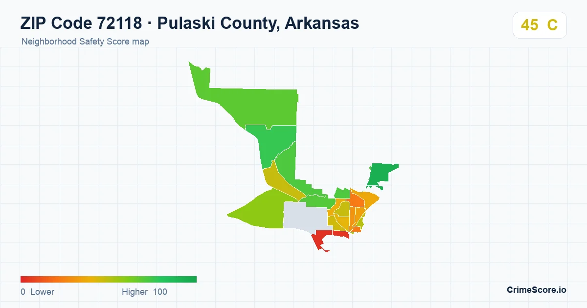 ZIP Code 72118 in Pulaski County, Arkansas neighborhood Safety Score map