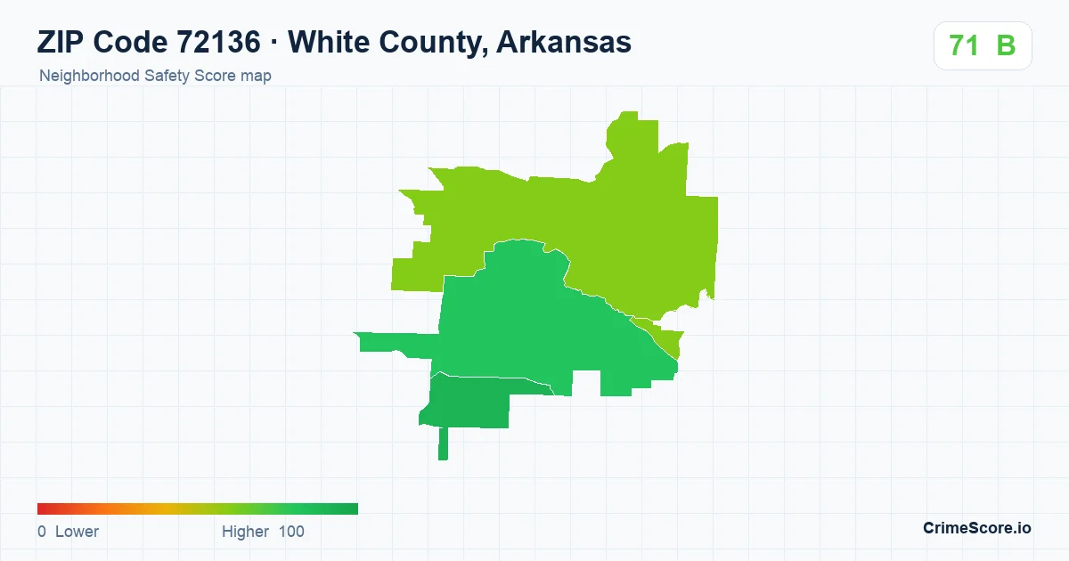 ZIP Code 72136 in White County, Arkansas neighborhood Safety Score map