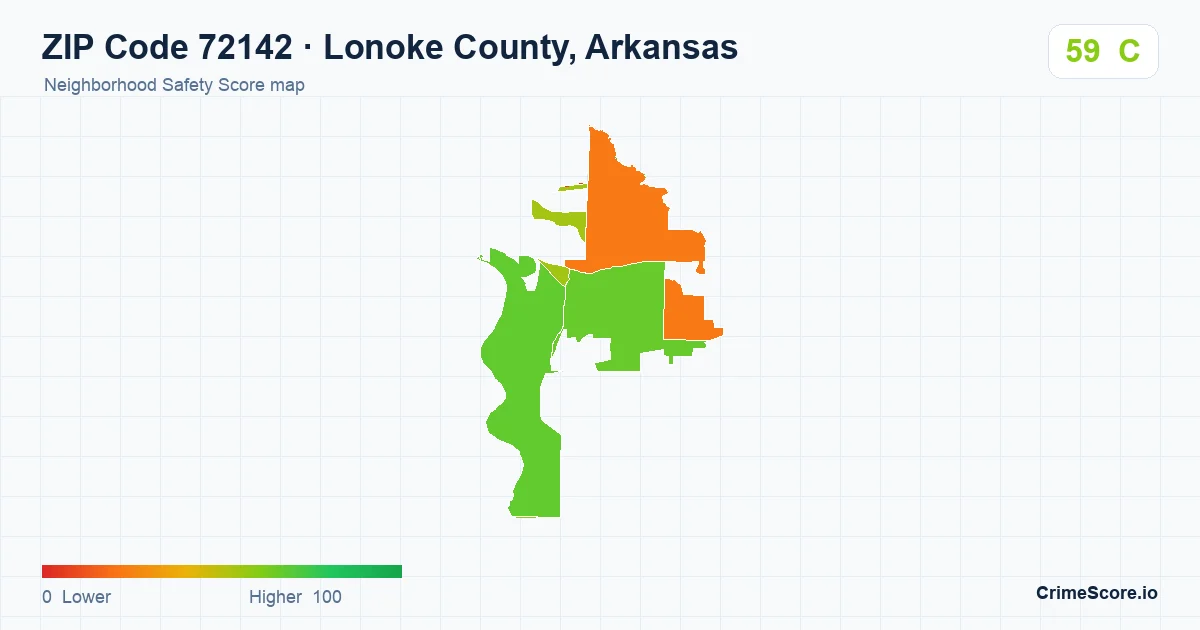 ZIP Code 72142 in Lonoke County, Arkansas neighborhood Safety Score map