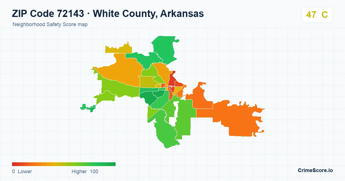 ZIP Code 72143 in White County, Arkansas neighborhood Safety Score map