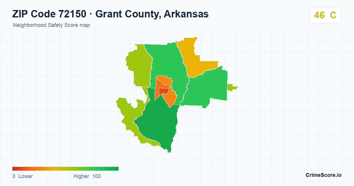 ZIP Code 72150 in Grant County, Arkansas neighborhood Safety Score map