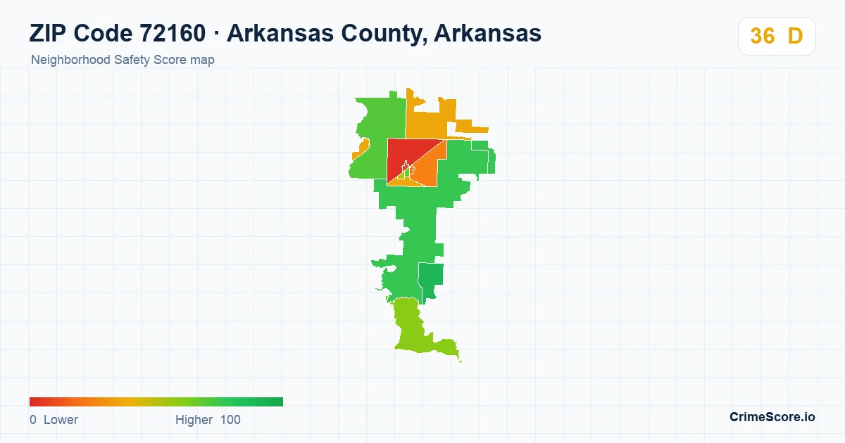 ZIP Code 72160 in Arkansas County, Arkansas neighborhood Safety Score map