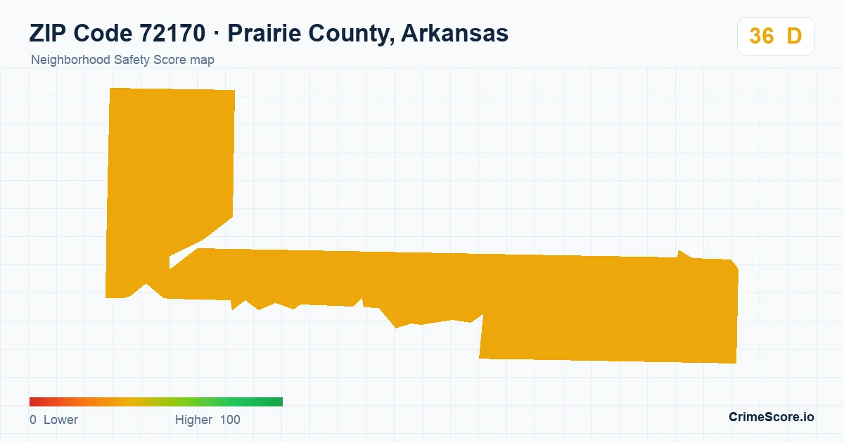 ZIP Code 72170 in Prairie County, Arkansas neighborhood Safety Score map