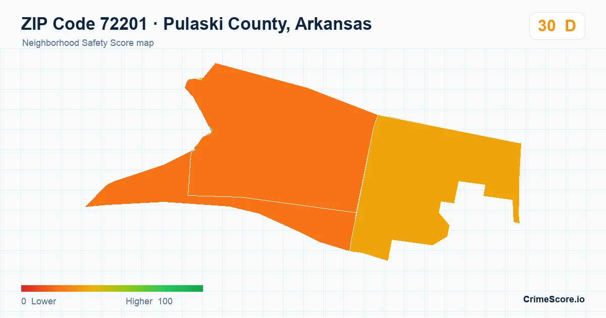 ZIP Code 72201 in Pulaski County, Arkansas neighborhood Safety Score map