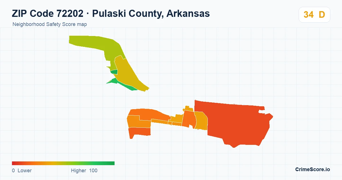 ZIP Code 72202 in Pulaski County, Arkansas neighborhood Safety Score map
