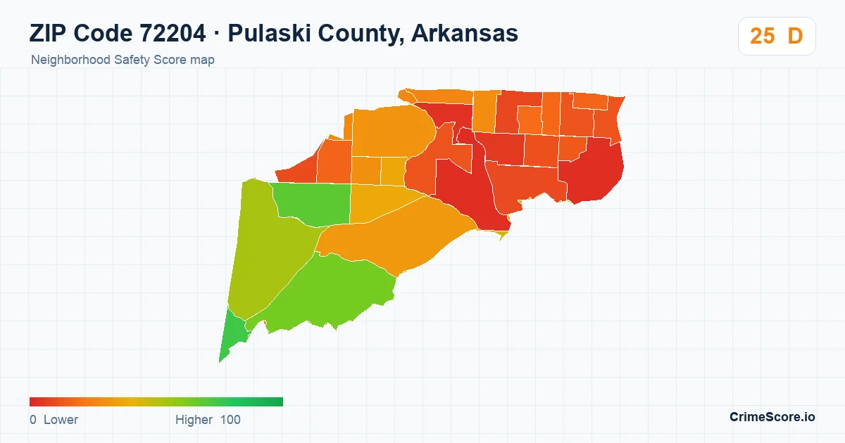 ZIP Code 72204 in Pulaski County, Arkansas neighborhood Safety Score map