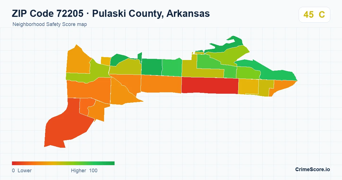 ZIP Code 72205 in Pulaski County, Arkansas neighborhood Safety Score map