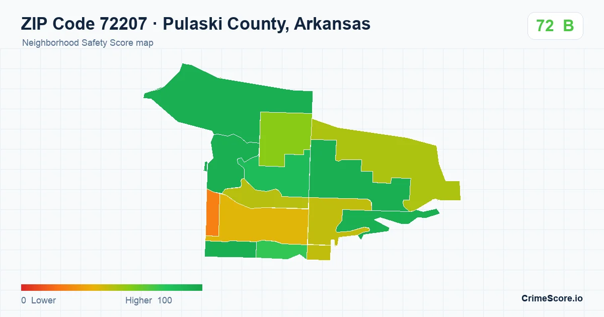ZIP Code 72207 in Pulaski County, Arkansas neighborhood Safety Score map