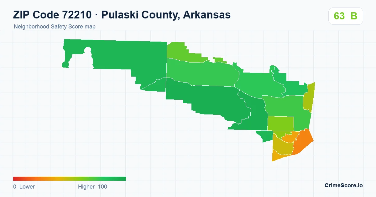 ZIP Code 72210 in Pulaski County, Arkansas neighborhood Safety Score map
