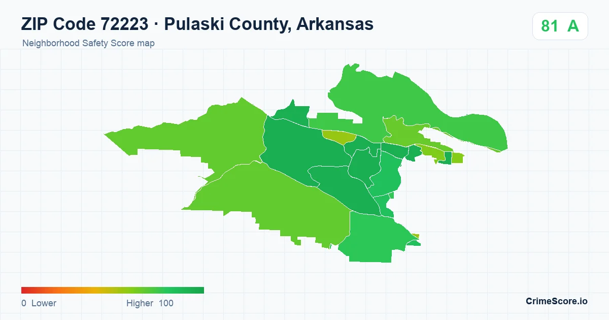 ZIP Code 72223 in Pulaski County, Arkansas neighborhood Safety Score map
