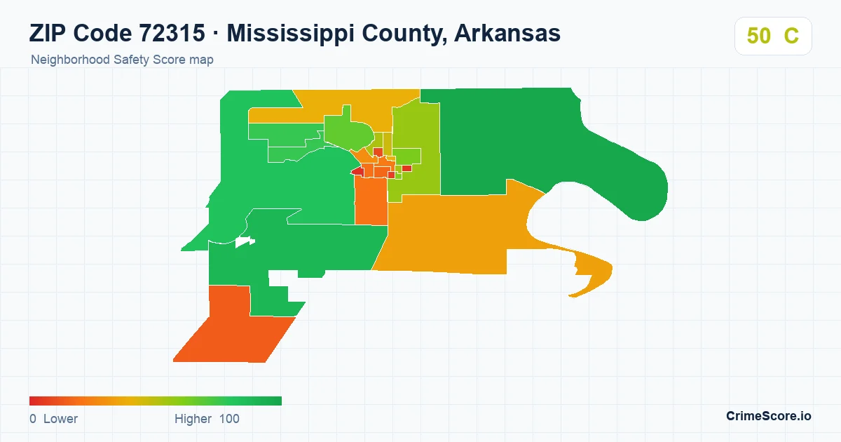 ZIP Code 72315 in Mississippi County, Arkansas neighborhood Safety Score map
