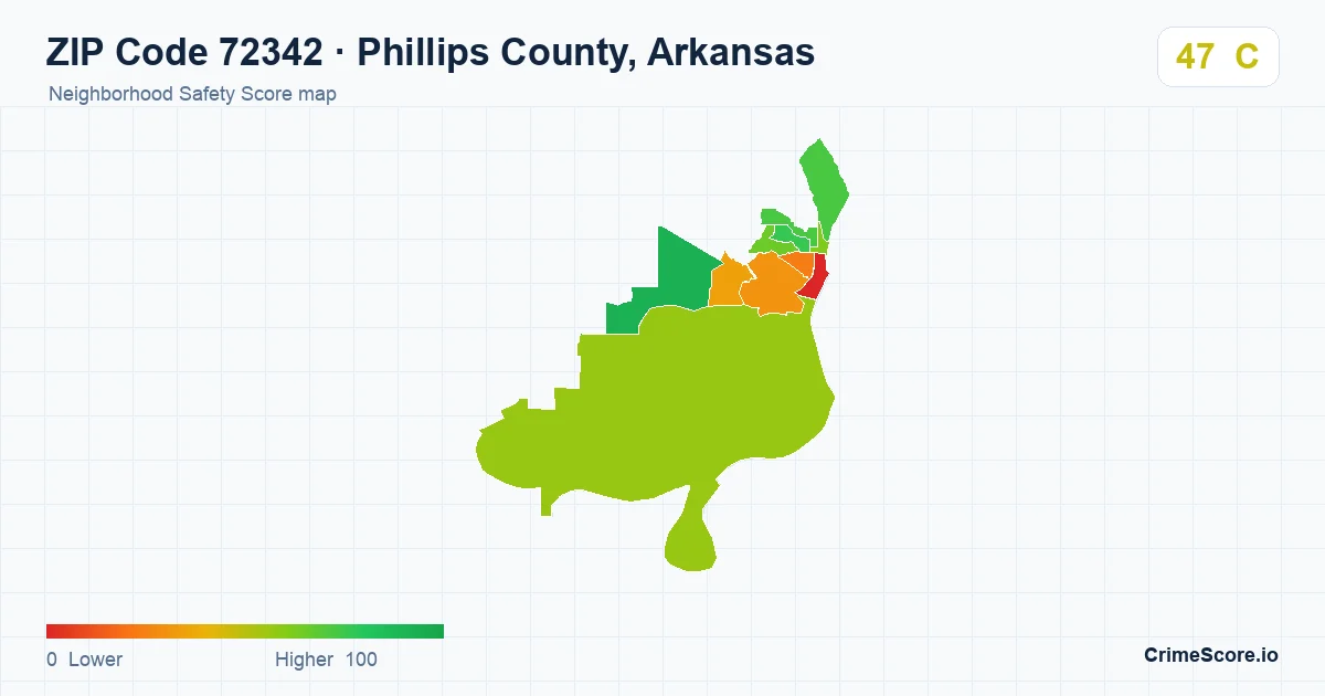 ZIP Code 72342 in Phillips County, Arkansas neighborhood Safety Score map