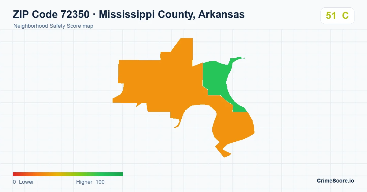 ZIP Code 72350 in Mississippi County, Arkansas neighborhood Safety Score map