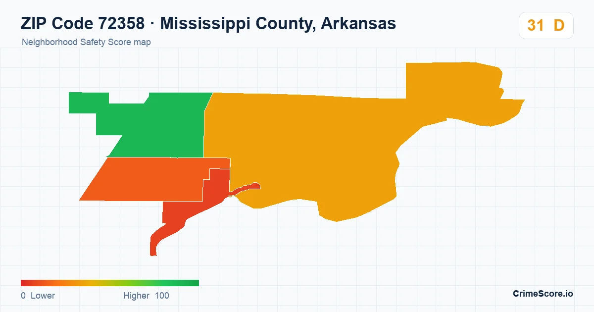 ZIP Code 72358 in Mississippi County, Arkansas neighborhood Safety Score map