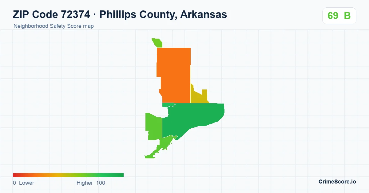 ZIP Code 72374 in Phillips County, Arkansas neighborhood Safety Score map
