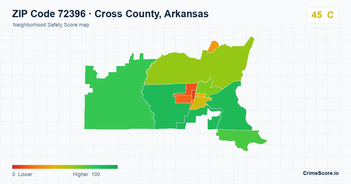 ZIP Code 72396 in Cross County, Arkansas neighborhood Safety Score map