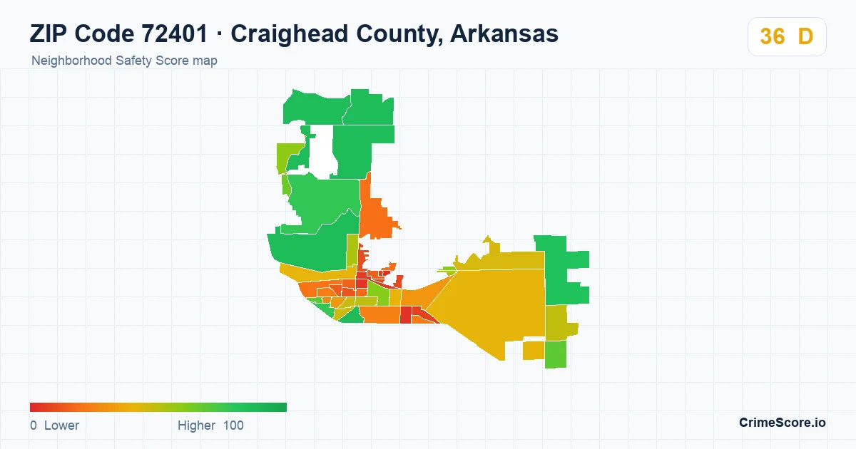 ZIP Code 72401 in Craighead County, Arkansas neighborhood Safety Score map
