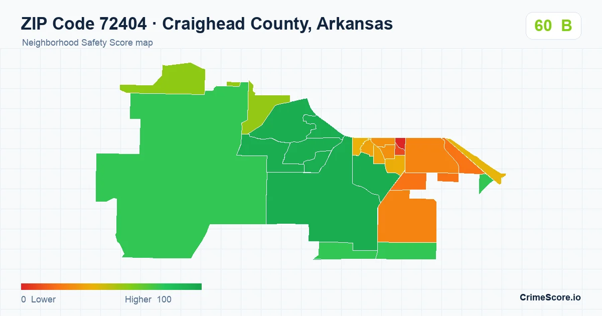 ZIP Code 72404 in Craighead County, Arkansas neighborhood Safety Score map