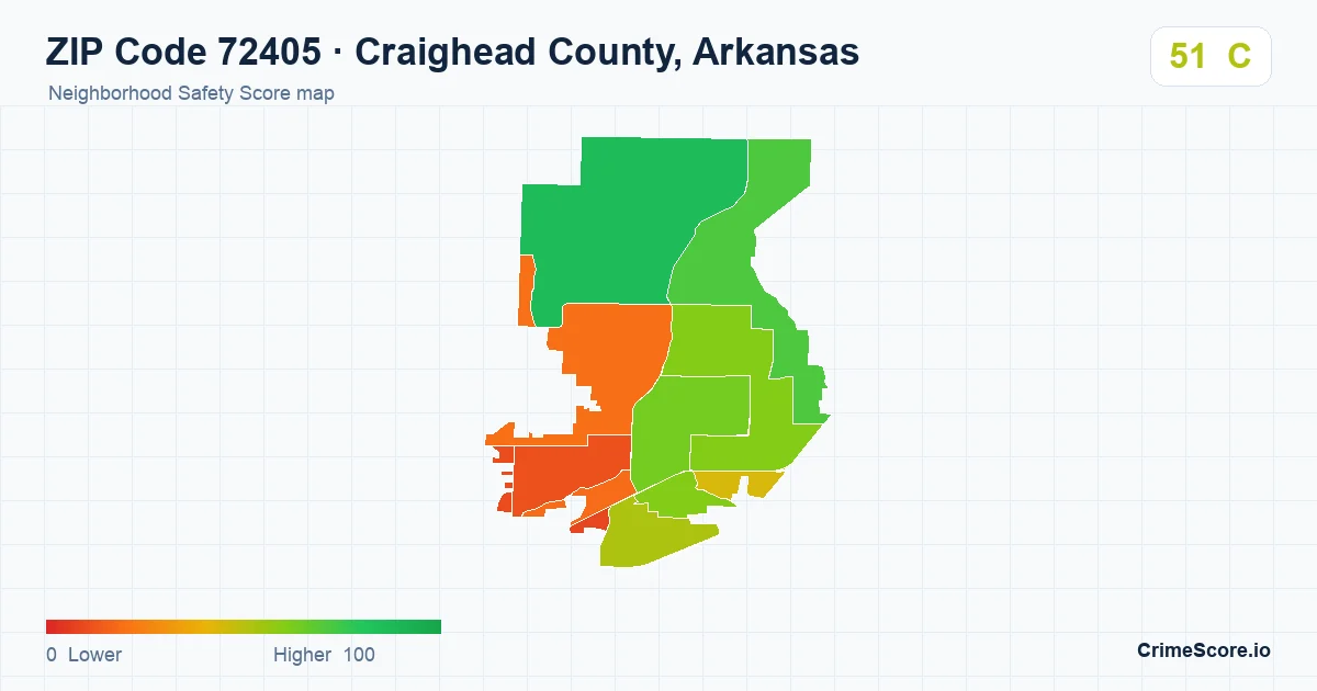 ZIP Code 72405 in Craighead County, Arkansas neighborhood Safety Score map