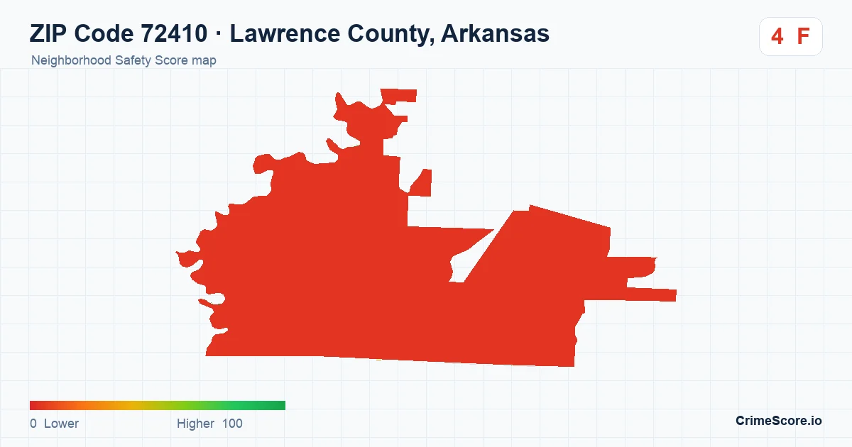 ZIP Code 72410 in Lawrence County, Arkansas neighborhood Safety Score map