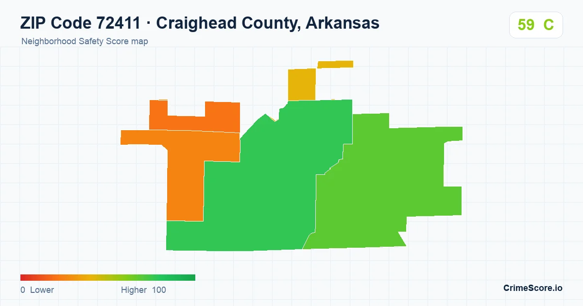 ZIP Code 72411 in Craighead County, Arkansas neighborhood Safety Score map
