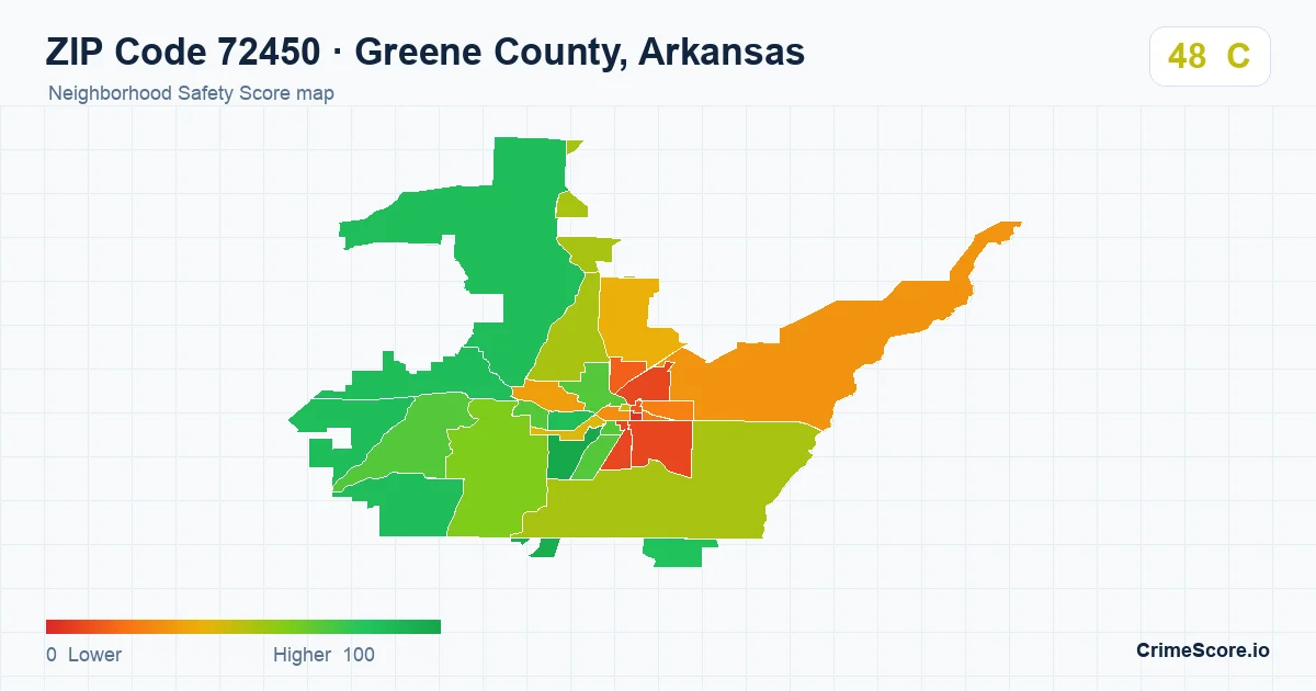 ZIP Code 72450 in Greene County, Arkansas neighborhood Safety Score map