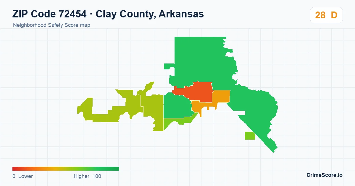 ZIP Code 72454 in Clay County, Arkansas neighborhood Safety Score map
