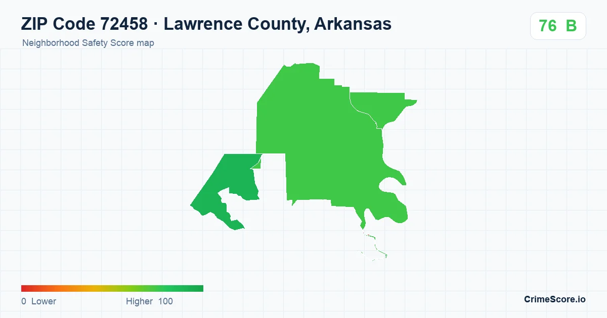 ZIP Code 72458 in Lawrence County, Arkansas neighborhood Safety Score map