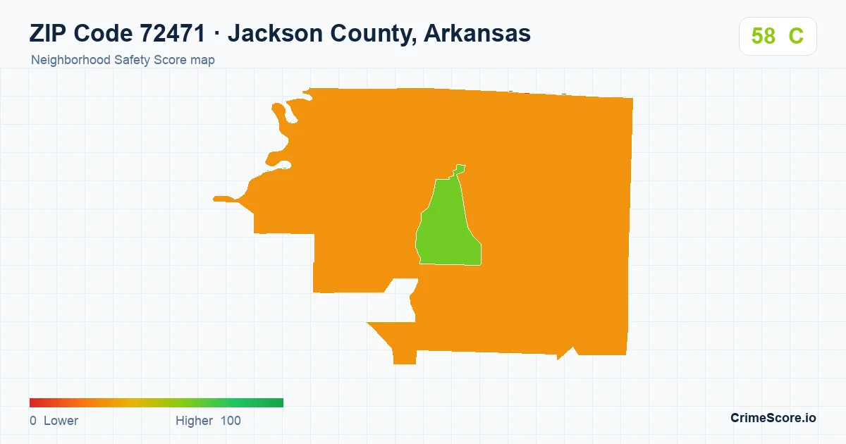 ZIP Code 72471 in Jackson County, Arkansas neighborhood Safety Score map