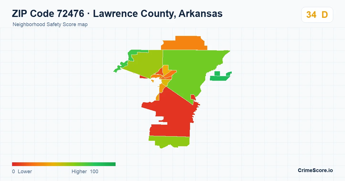 ZIP Code 72476 in Lawrence County, Arkansas neighborhood Safety Score map