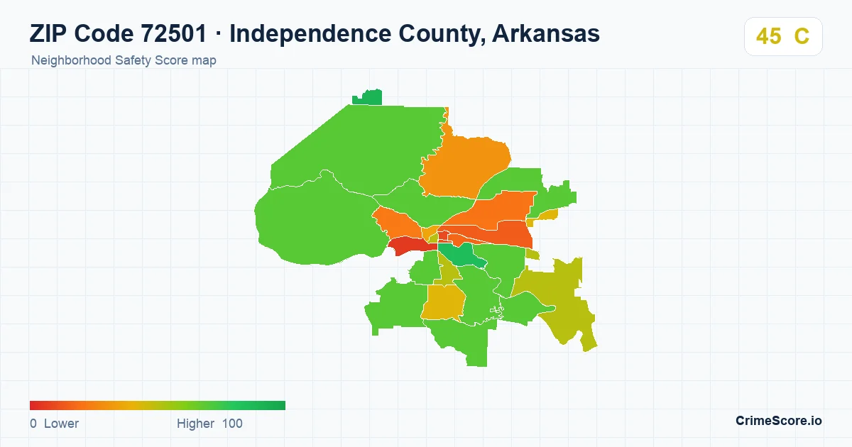ZIP Code 72501 in Independence County, Arkansas neighborhood Safety Score map
