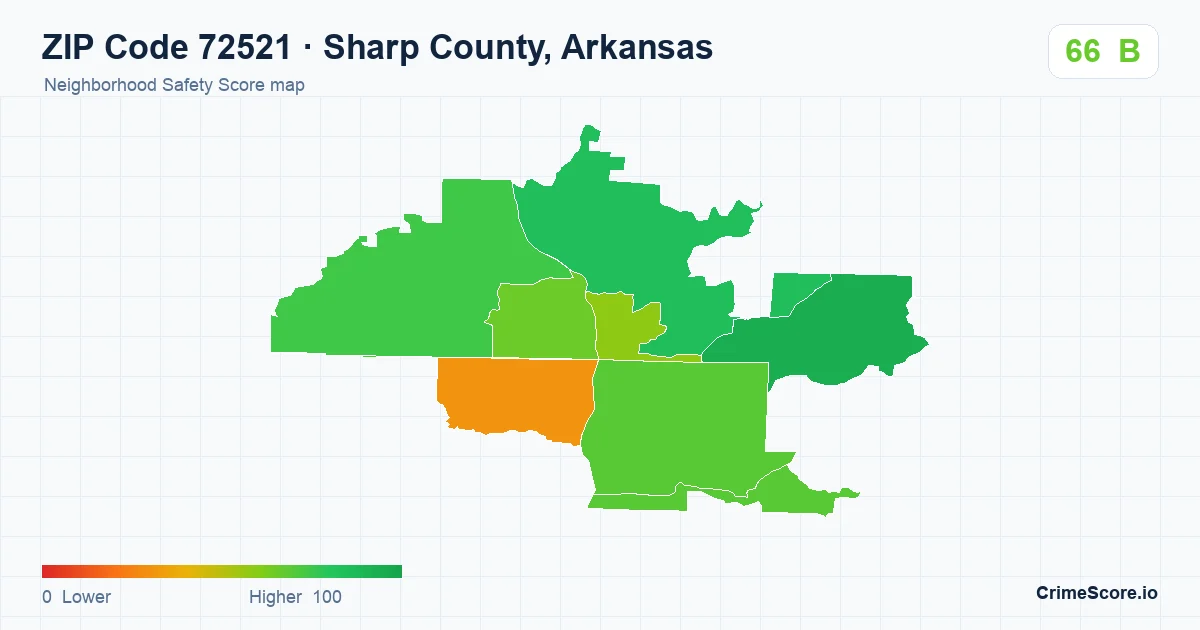 ZIP Code 72521 in Sharp County, Arkansas neighborhood Safety Score map