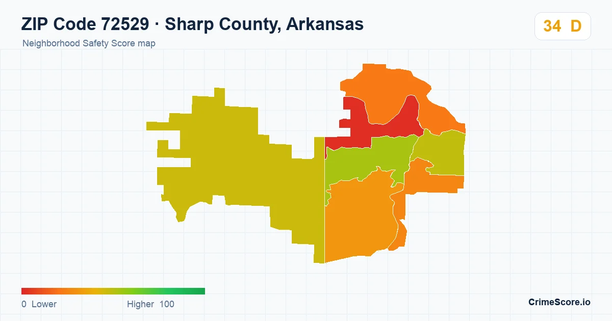 ZIP Code 72529 in Sharp County, Arkansas neighborhood Safety Score map