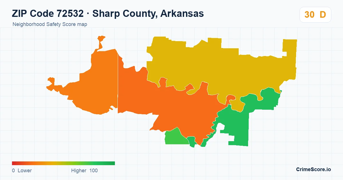 ZIP Code 72532 in Sharp County, Arkansas neighborhood Safety Score map