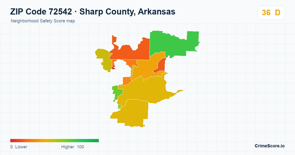 ZIP Code 72542 in Sharp County, Arkansas neighborhood Safety Score map
