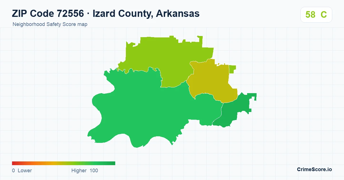 ZIP Code 72556 in Izard County, Arkansas neighborhood Safety Score map