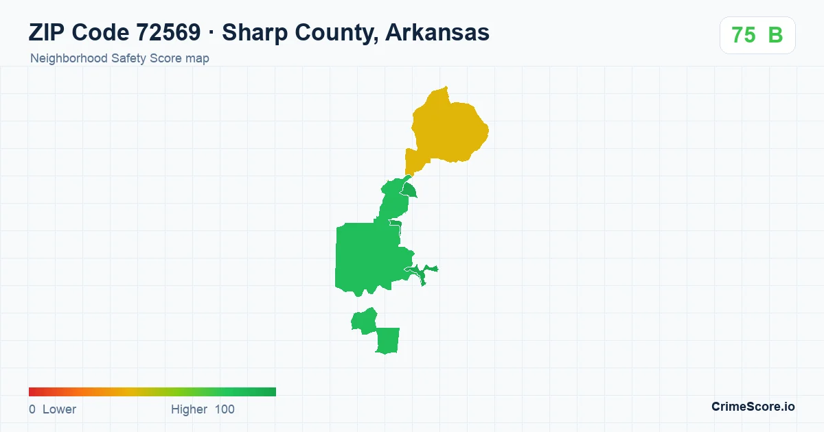 ZIP Code 72569 in Sharp County, Arkansas neighborhood Safety Score map