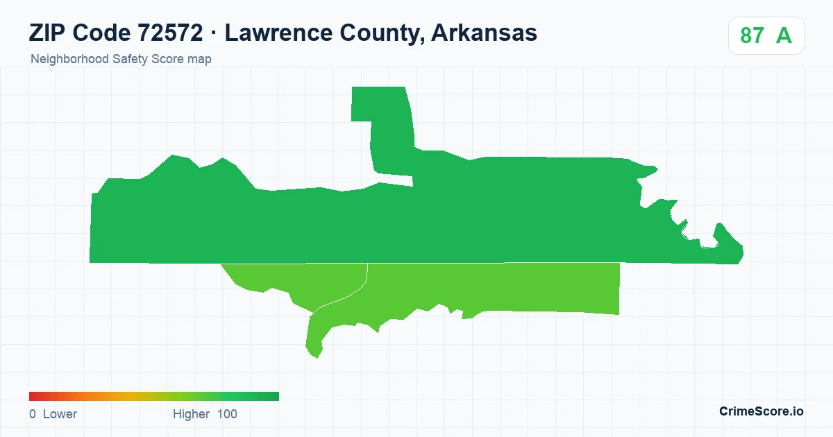 ZIP Code 72572 in Lawrence County, Arkansas neighborhood Safety Score map